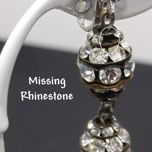 Vintage Dangle Long Black Floral Earrings, Clear Rhinestones, 1980s, 2 1/2" - Picture 6 of 10